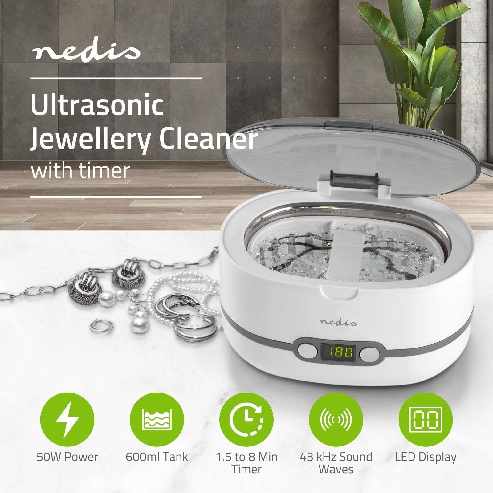 Nedis Ultrasonic Jewellery Cleaner 600ml Digital Timer 43kHz Mains Powered