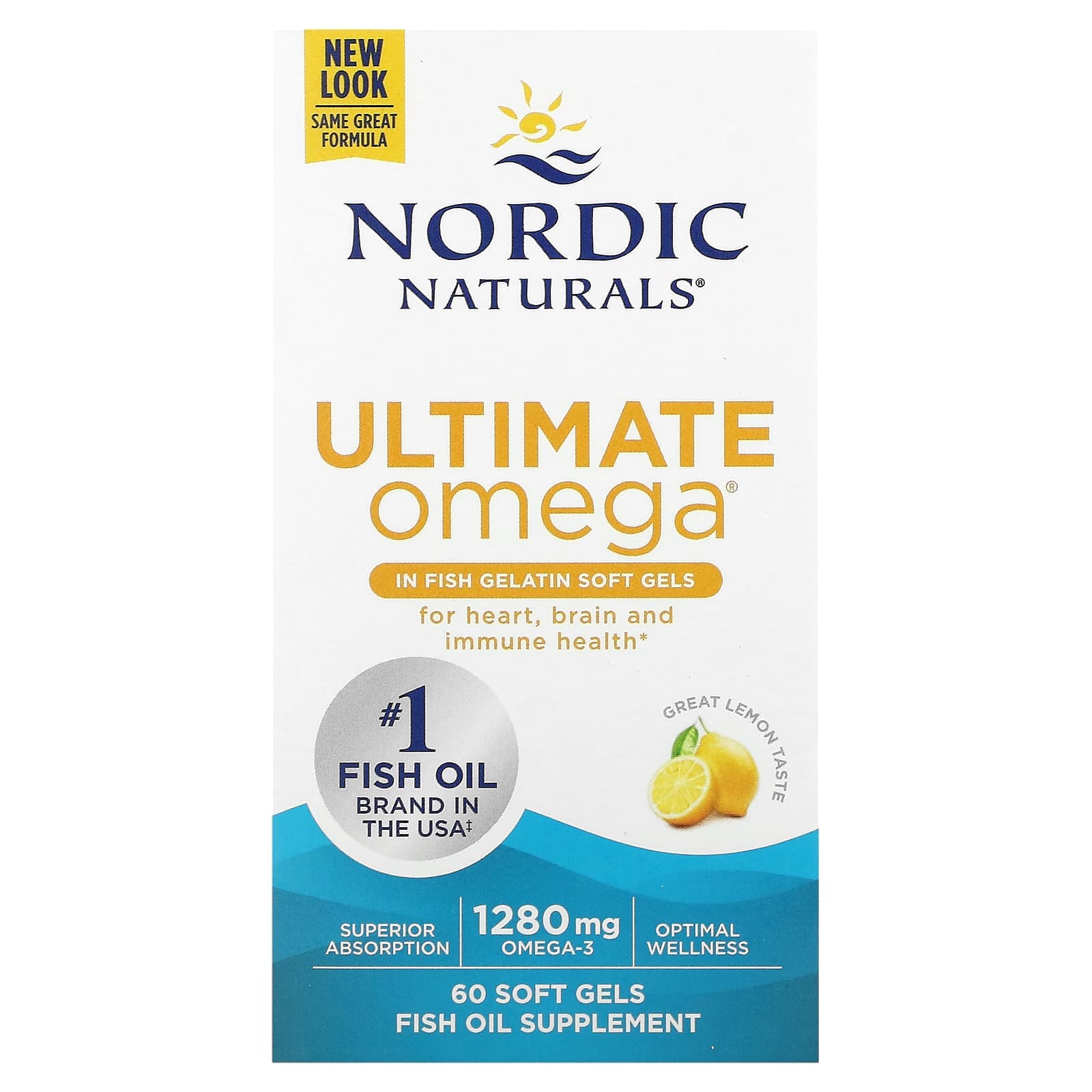 Nordic Naturals, Ultimate Omega, Lemon Flavor, 1,280 mg, 60 Fish Gelatin Softgels (640 mg per softgel)