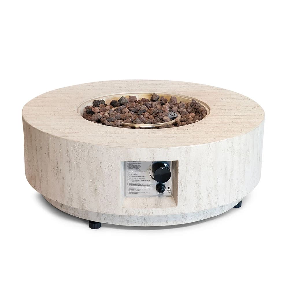 Estate Round 76 Travertine Gas Firepit Table by Happy Cocooning – 76cm Composite Stone-Look Outdoor Table 13.5 kW