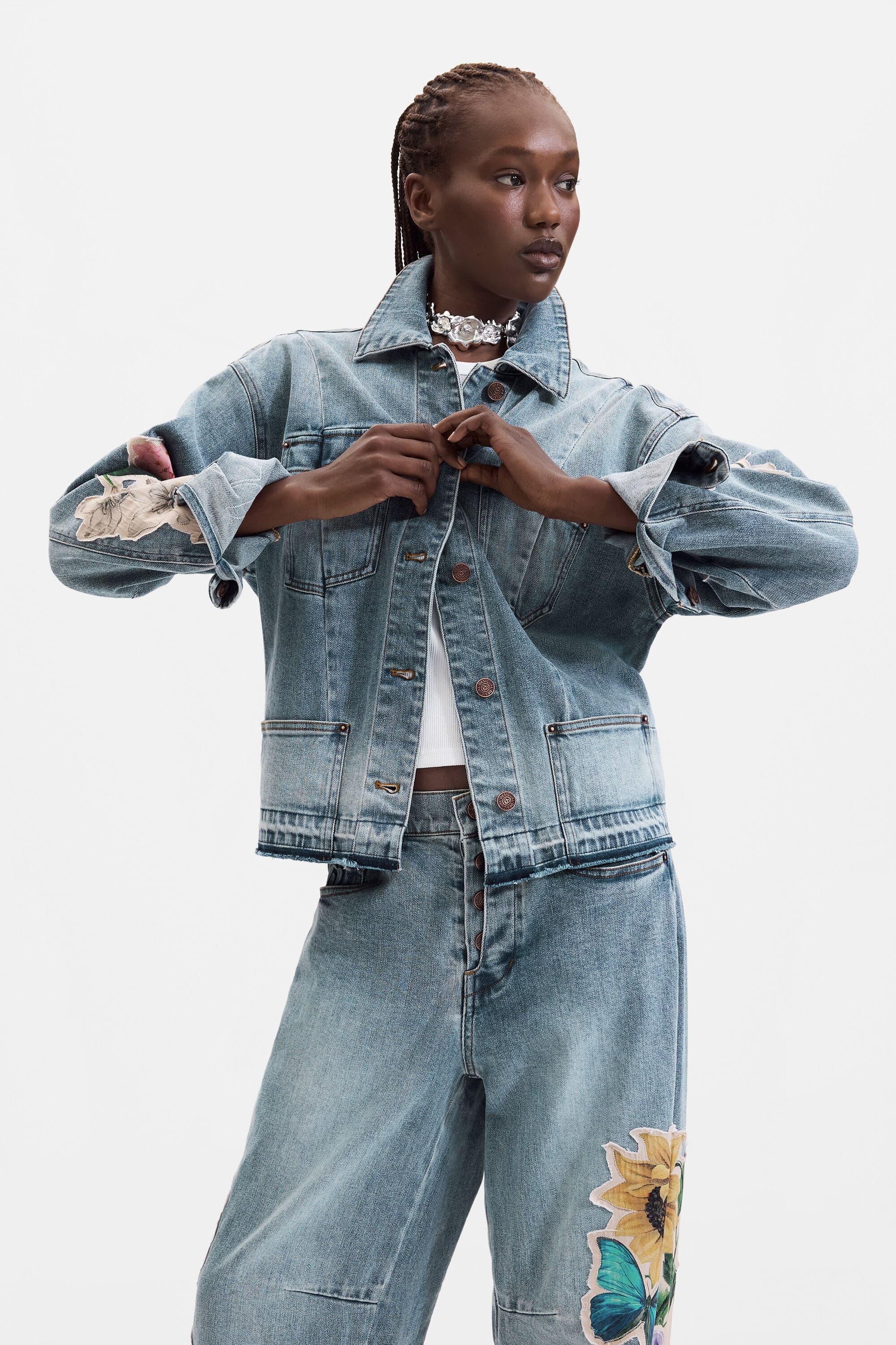 Desigual, Embroidered denim jacket, Cotton, Blue, M