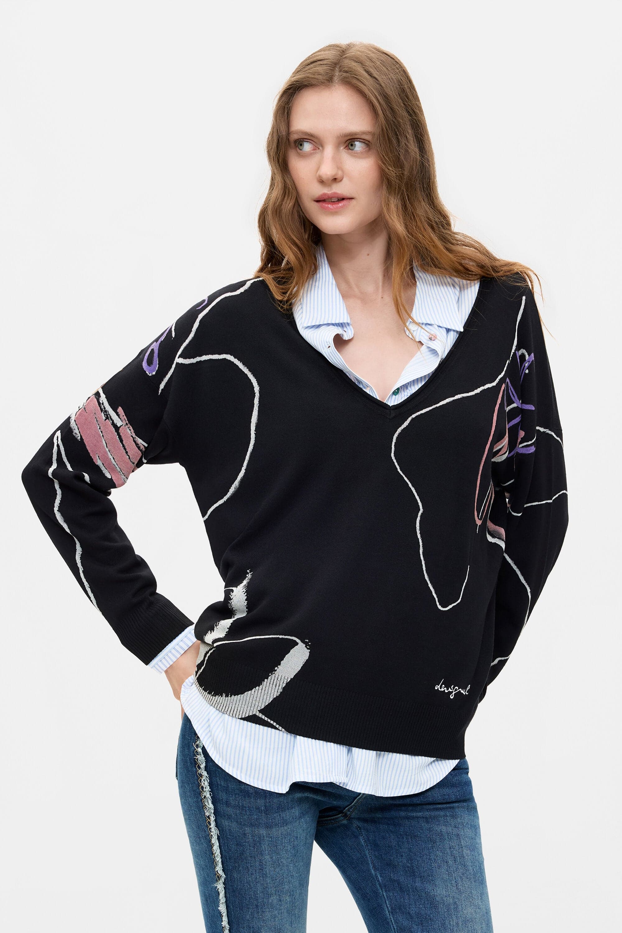 Desigual, Floral Knit Sweater, Black, M