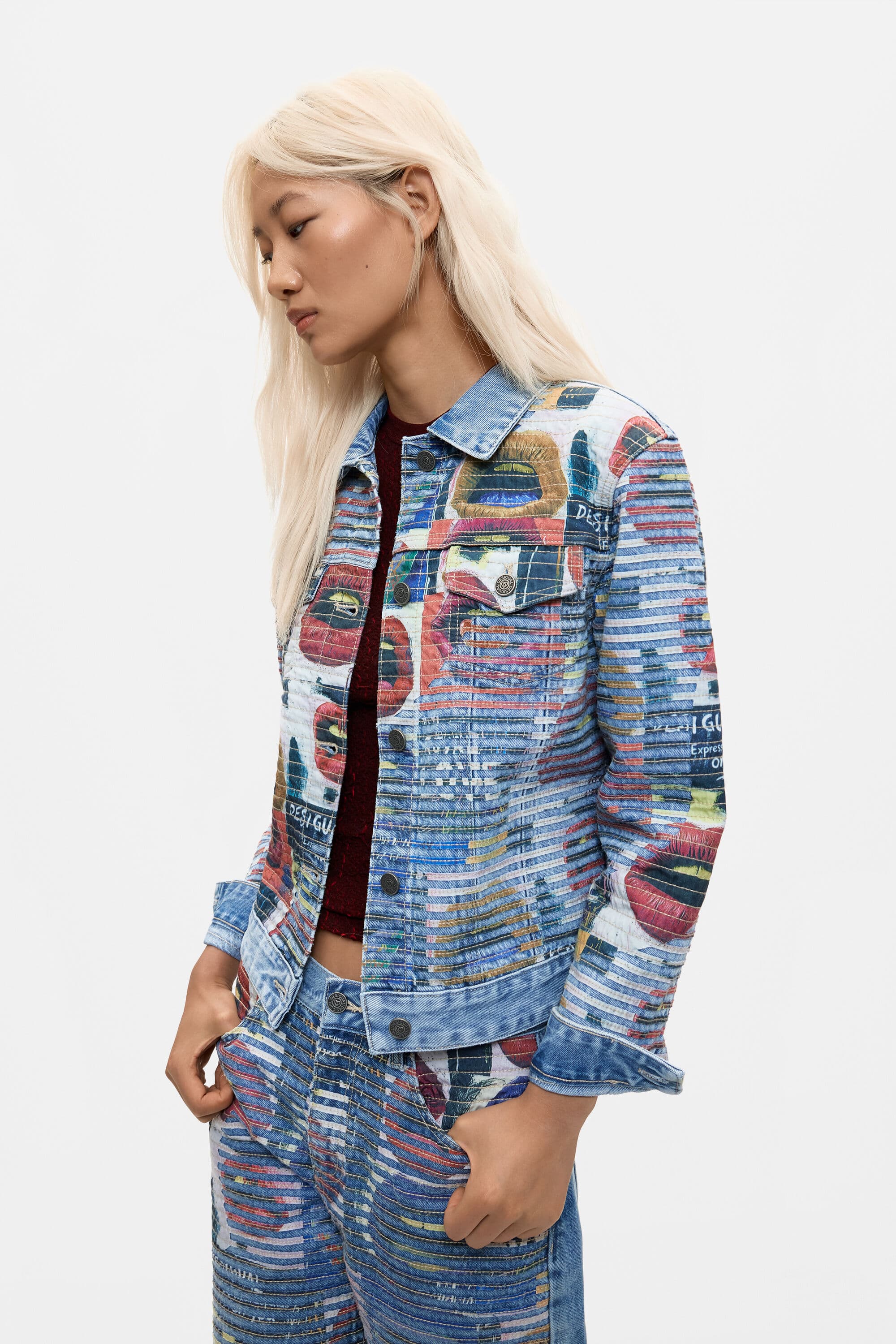 Desigual, Printed denim jacket 100% cotton, Women, Cotton, Blue, XS