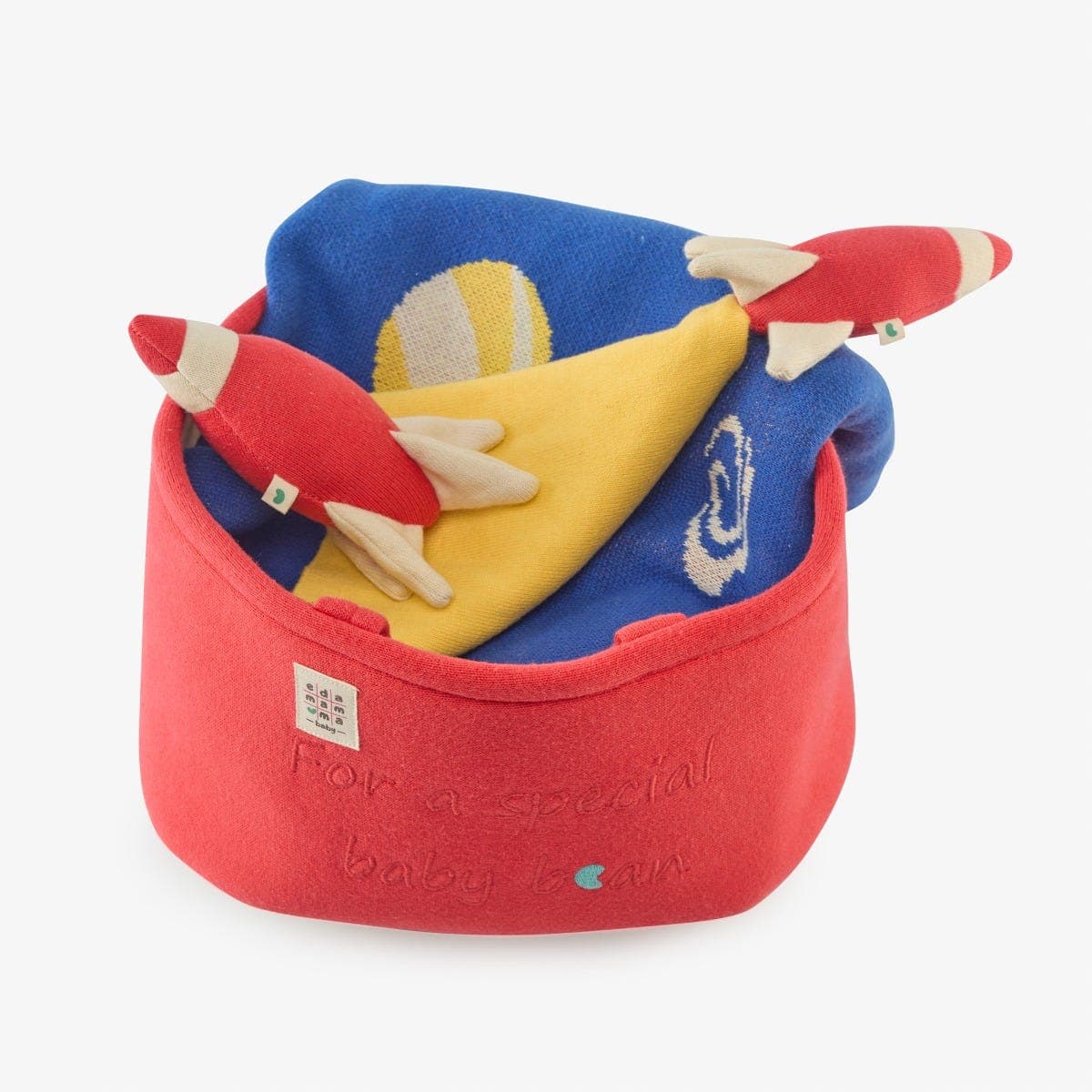 Blanket, Rattle, Cuddle Cloth & Red Basket 4 Pcs Gift Sets